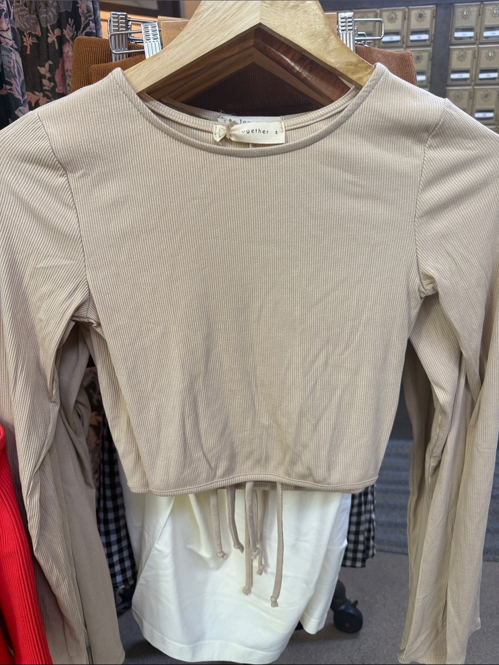 By Together Ribbed Long-Sleeve Drawstring Crop Top in Taupe